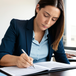 A professional woman in her early 30s, dressed in a modest business casual attire, fully clothed, appropriate attire, seated at a clean, minimalist desk in a bright, modern home office. She is diligently reviewing financial documents on a tablet, with an open notebook and a pen beside her. Her expression is focused and determined, reflecting a methodical approach to understanding her personal finances. The atmosphere is calm and empowering. Professional photography, high-resolution, sharp focus, natural lighting, perfect anatomy, correct proportions, natural pose, well-formed hands, proper finger count, natural body proportions, safe for work, appropriate content, family-friendly.