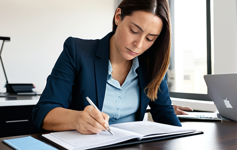 A professional woman in her early 30s, dressed in a modest business casual attire, fully clothed, appropriate attire, seated at a clean, minimalist desk in a bright, modern home office. She is diligently reviewing financial documents on a tablet, with an open notebook and a pen beside her. Her expression is focused and determined, reflecting a methodical approach to understanding her personal finances. The atmosphere is calm and empowering. Professional photography, high-resolution, sharp focus, natural lighting, perfect anatomy, correct proportions, natural pose, well-formed hands, proper finger count, natural body proportions, safe for work, appropriate content, family-friendly.